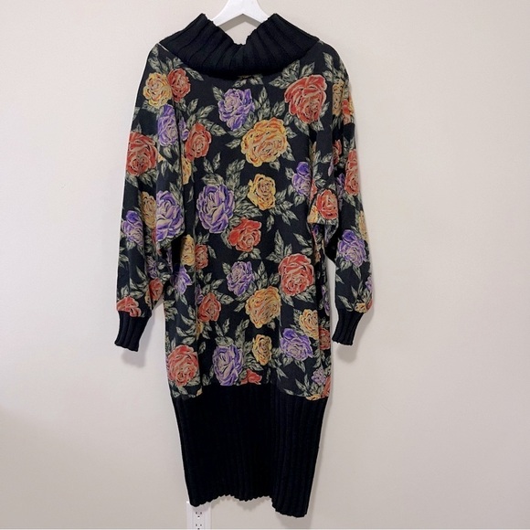 VINTAGE MADE IN ITALY KNIT WOOL MULTICOLOUR FLORAL MIDI DRESS - Picture 2 of 11